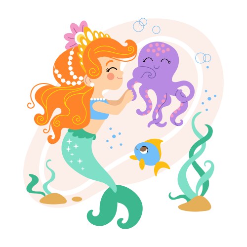 Mermaid and Octopus Cartoon Vector Image