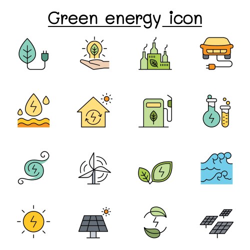 Green energy icon set in color line style Vector Image