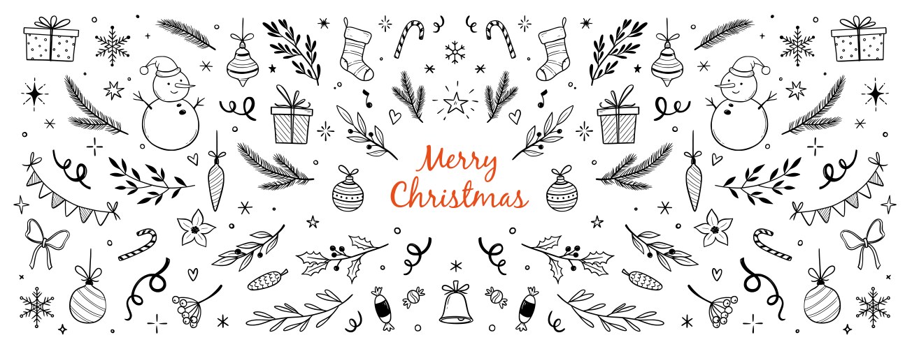 Christmas drawn holly line decor pine branch Vector Image