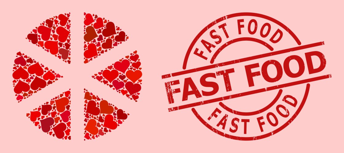 Rubber fast food badge and red love pizza mosaic Vector Image