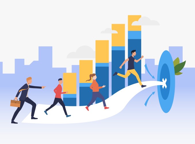 Workers running to target with bar chart vector image