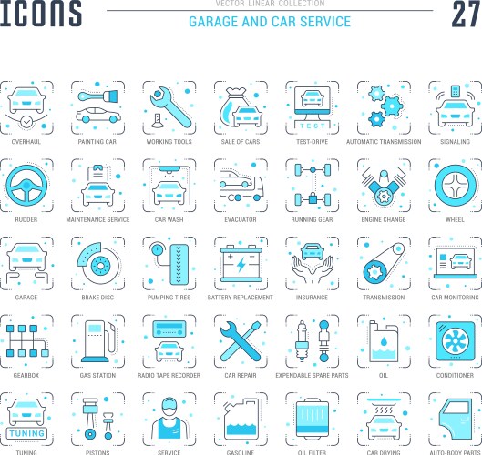 set blue line icons garage and car service vector image