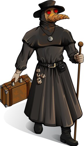 medieval doctor in protective suit walks vector