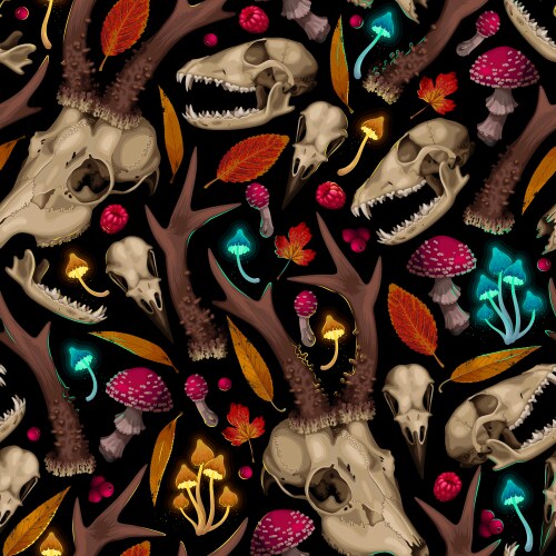 Dark Forest Skull & Flora Pattern Vector Image
