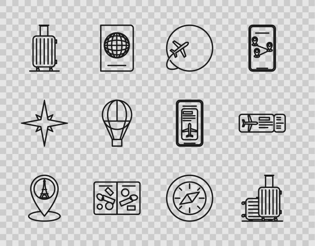 Set line map pointer with eiffel tower suitcase vector image