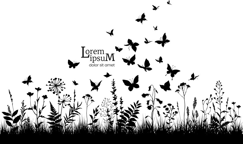 Floral background with black silhouettes herbs Vector Image
