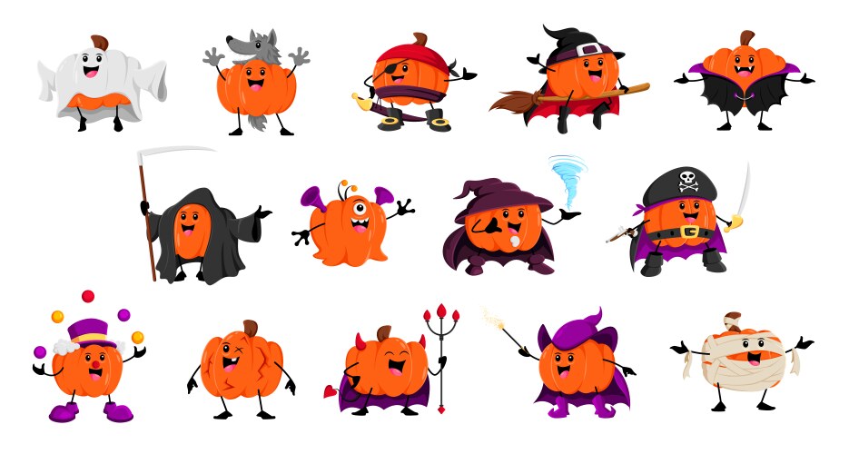 Cartoon halloween pumpkin characters set Vector Image