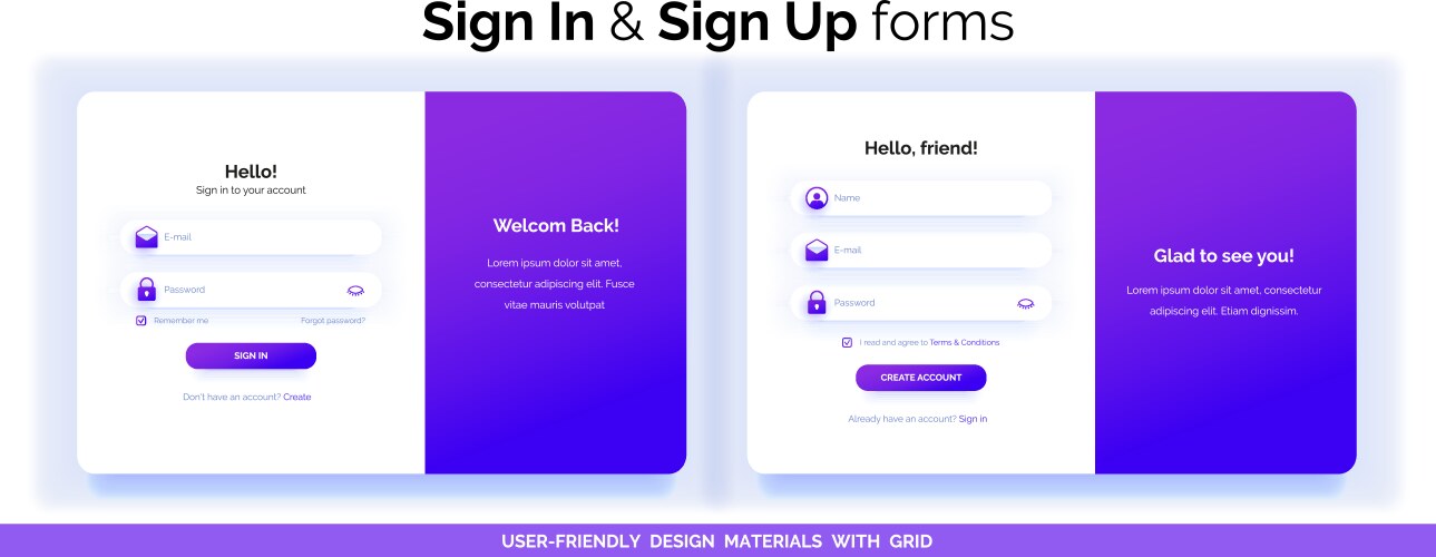 Set of sign up and in forms purple gradient vector image