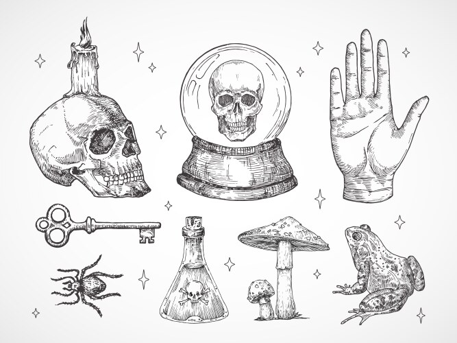 Mystical Halloween Symbols Engraving Set Vector Image