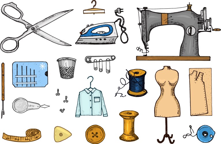 Set sewing tools and materials or elements vector image