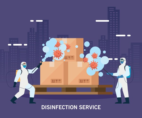 men with protective suit spraying delivery boxes vector image