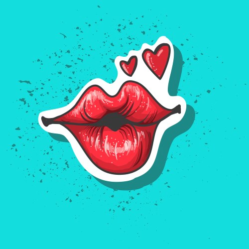 Lips kiss patch sticker isolated on blue Vector Image