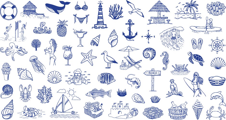 Coastal Doodle Icons - Nautical & Beach Vector Image