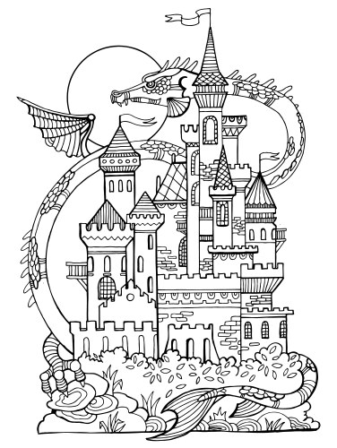 Castle and Dragon Coloring Page Vector Image