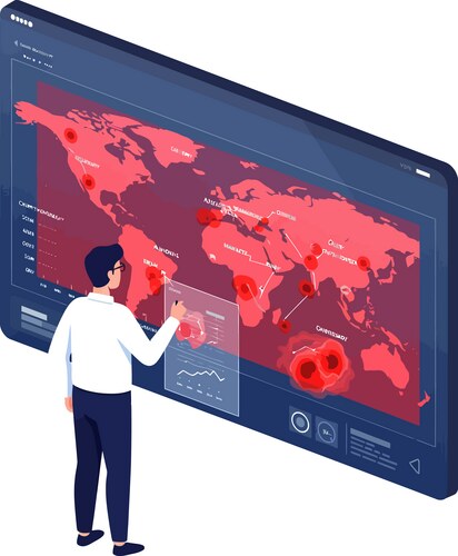 Man analyzing global data on interactive red vector image