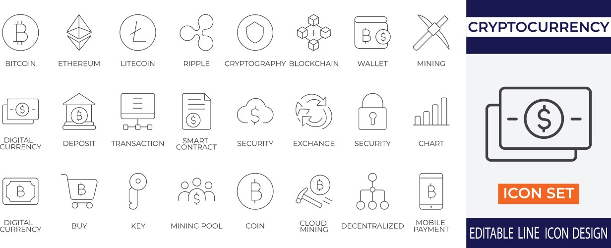 Cryptocurrency and blockchain icon set vector image
