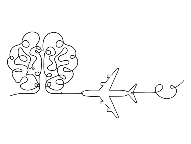 Man silhouette brain with plane as line drawing vector image