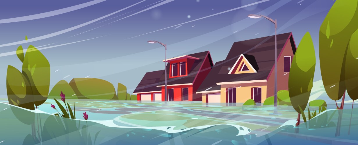 Flood in town natural disaster with rain storm vector image