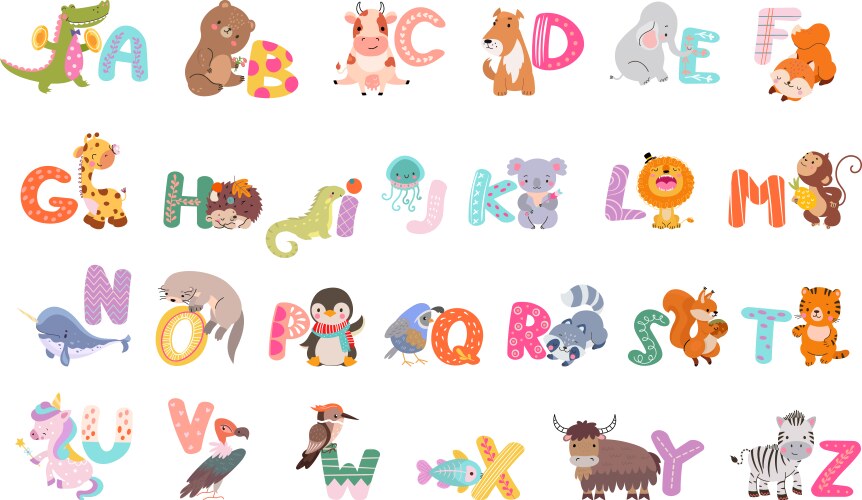 Cute Zoo Alphabet Animals Vector Image