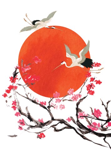 Crane birds cherry blossom flower and red circle Vector Image