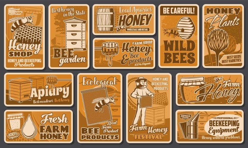 Beekeeping apiary posters retro honey honeycomb Vector Image