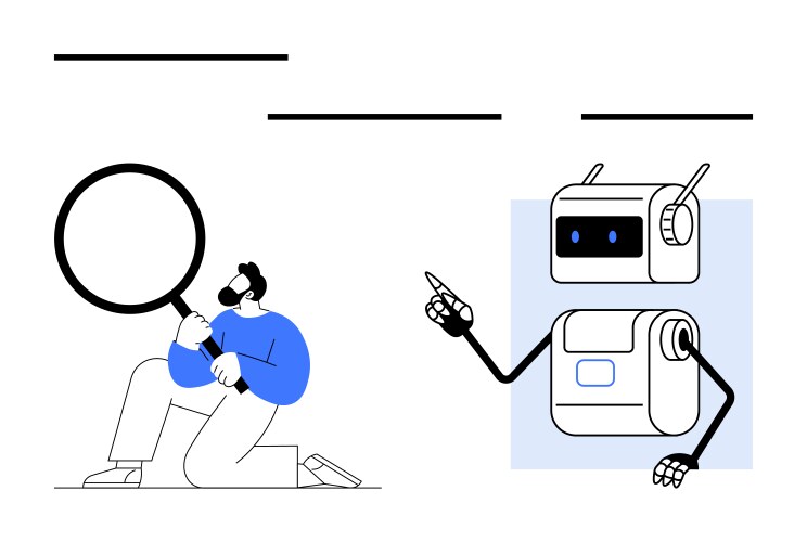 Man with magnifying glass and robot analyzing data vector image