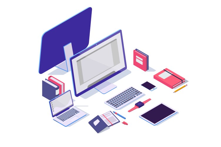 isometric 3d electronic items with laptop tablet vector image