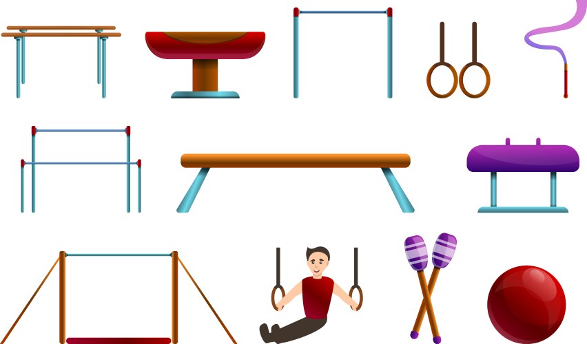 gymnastics equipment icons set cartoon style vector image