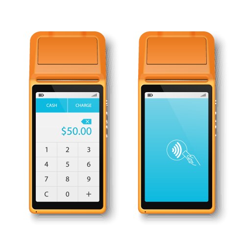 3d orange nfc payment machine set isolated vector image