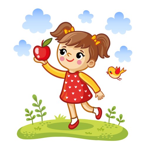 cute little girl holding an apple in her hands vector image