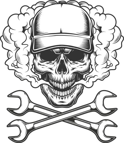 Monochrome Skull with Baseball Cap & Wrench Vector Image