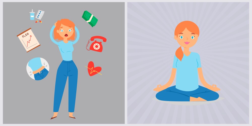 Woman in stress and panic vs relax yogi girl calm Vector Image