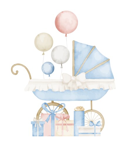 Watercolor Baby Stroller with Balloons Vector Image