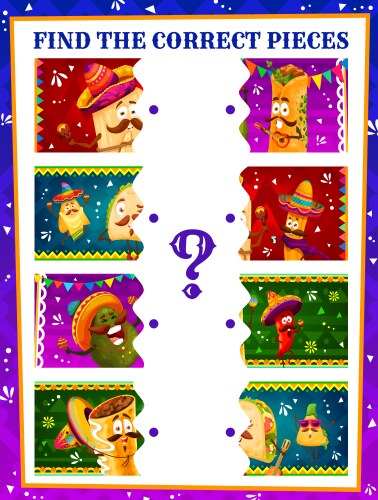 find correct pieces kids game with mexican food vector image