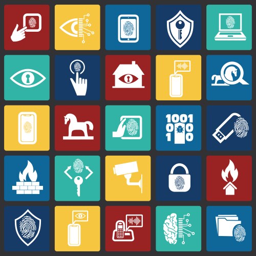 Cyber security and computer set on color squares vector image