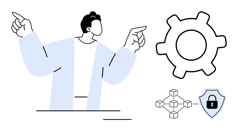 Man gesturing towards blockchain network gear vector image