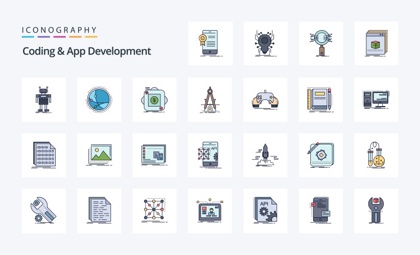 25 coding and app development line filled style vector image