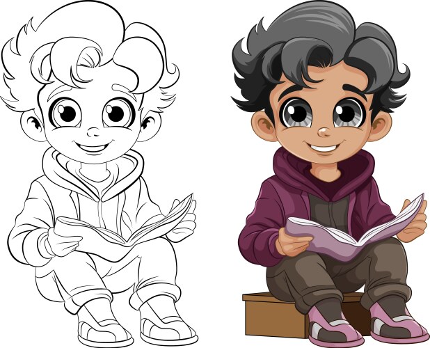 Boy sitting and reading the book its outline Vector Image