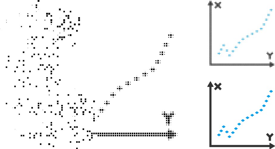 Broken pixelated halftone dotted function plot vector image