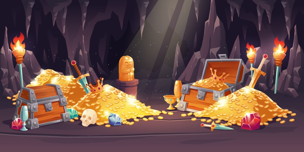 Cave with treasure gold coins and jewelry vector image