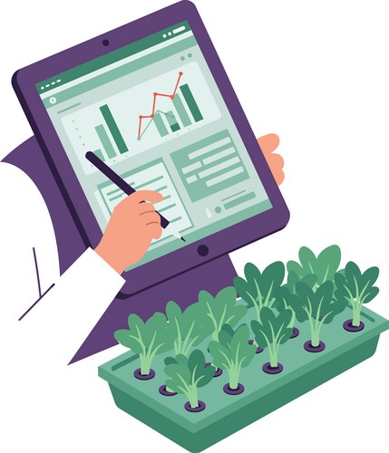 Scientist using tablet with data graphs analyzing vector image