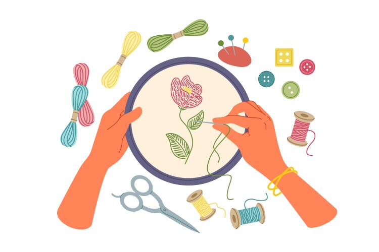 Needlework embroidery human hands create handmade Vector Image