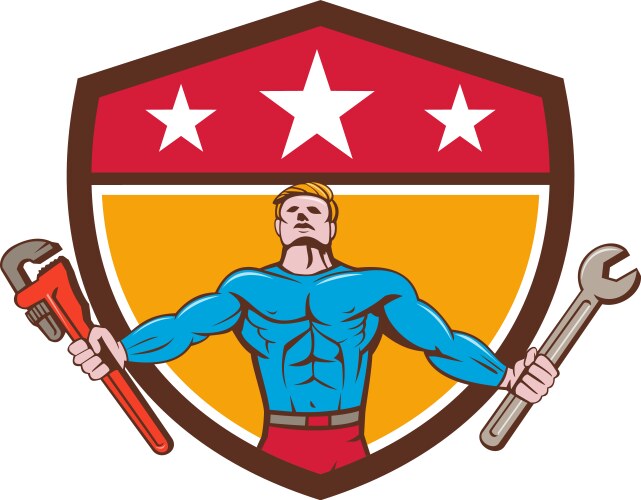Superhero handyman spanner wrench shield cartoon Vector Image
