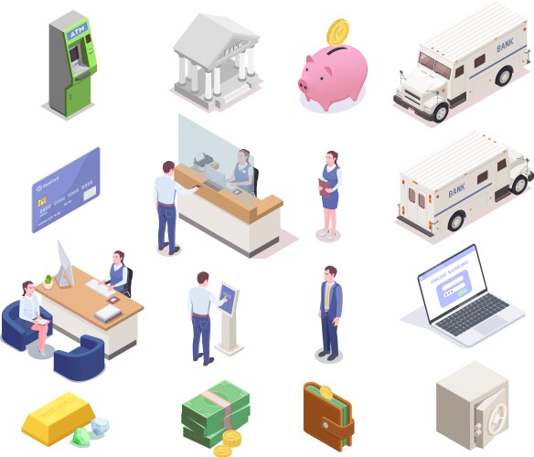 Banking isometric icon set vector image