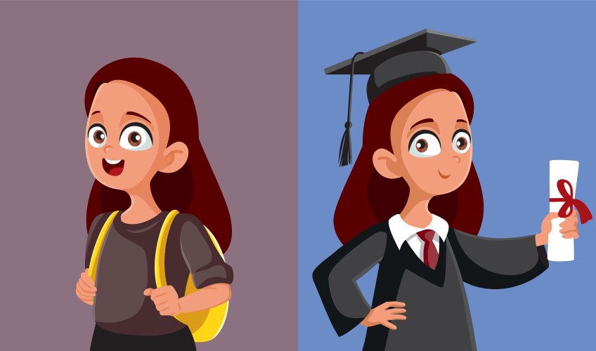 Female student before and after graduation Vector Image