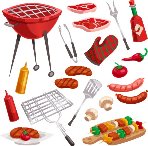 Barbecue grill cartoon bbq elements set brazier Vector Image