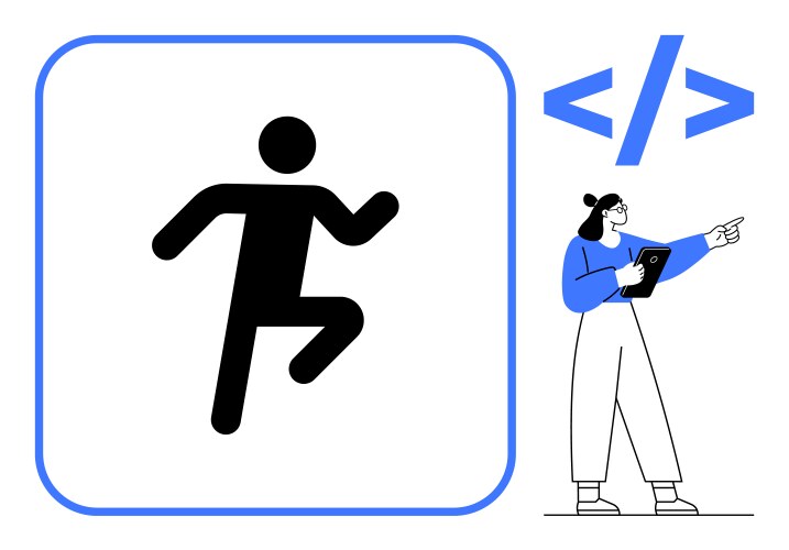 Developer pointing at coding symbol with running vector image