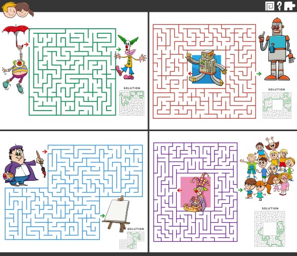 maze games activity set with cartoon characters vector image