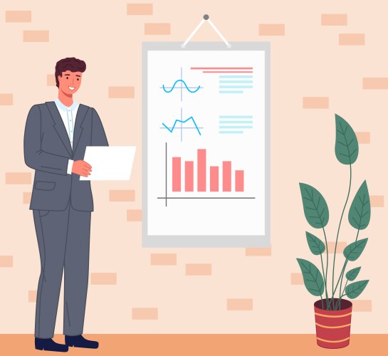 Man analyses digital report with data statistical vector image