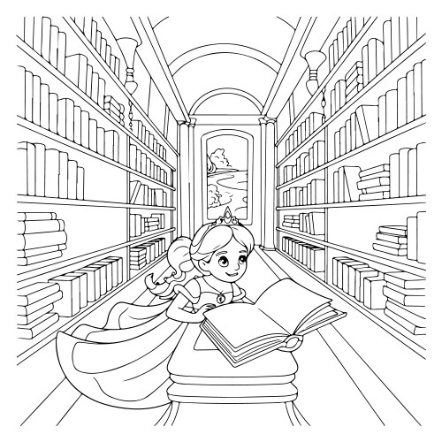Princess reading a book in library coloring Vector Image